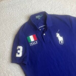 Vintage polo Ralph Lauren men's blue embroidered Italy big pony #3 rugby L